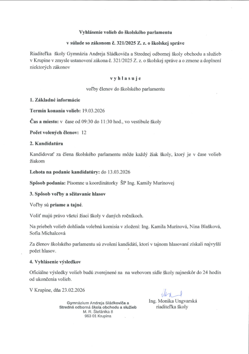 Vyhlásenie volieb do školského parlamentu